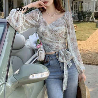 Lovito Casual Blusa Feminina Floral com Laço Frontal LNA26147 (Damasco)