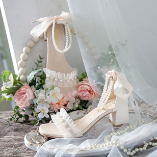 Sandálias de salto alto Mulheres 2024 Primavera Verão Novo Estilo Arco Francês Retro Temperamento Fada Estilo Pérola Sapatos de Laço Trendy