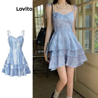 Lovito Boho Vestido Feminino Listrado Bata com Camadas L71ED233 (Azul)