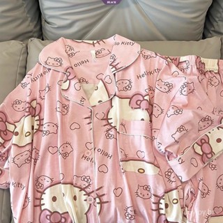 HelloKitty Sanrio Bonito Impressão Pijama Feminino Manga Curta Estudante Nova Mulher Kawaii Casa Causal Outfit Set 2 Peças Dos Desenhos Animados [BL] BKU6