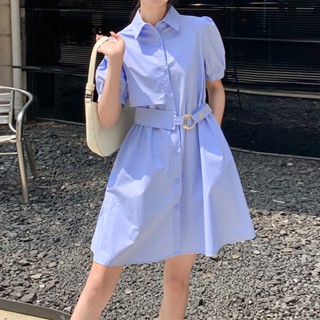 Lovito Elegante Vestido com Amarração Assimétrica, Botões Duplos e Manga Bufante para Mulheres LNE20046 (Azul Claro)
