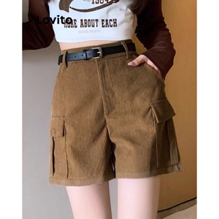 Lovito Shorts Casuais De Bolso Com Cinto Liso Para Mulheres LNA33095 (Cáqui)