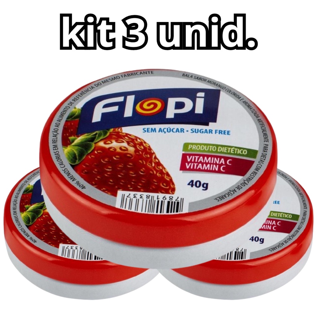 KIT 3 unid Bala Flopi Sabor Morango Sem Açúcar Florestal 40g - Balas Flop em Oferta na Shopee