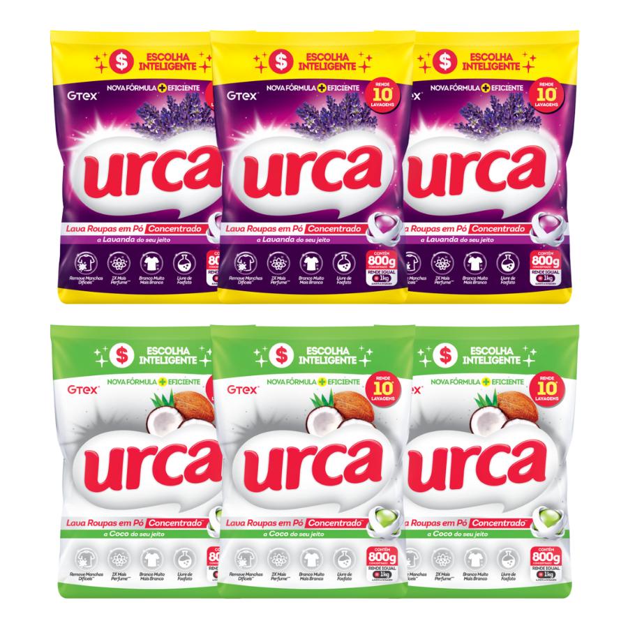 Kit 3 Lava Roupas Pó Concentrado Coco Urca Sachê 800G + 3 Lava Roupas Pó Concentrado Urca Lavanda Sachê 800G - Home & Living