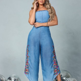 Macacão Midi com Bordado no Liocel Jeans sem Elastano - SY0033