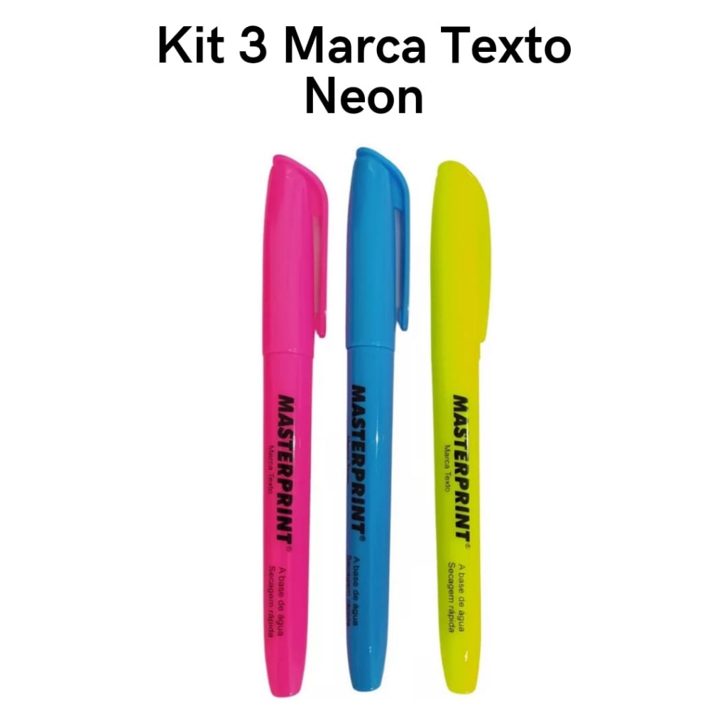 Kit 3 Canetas Marca Texto Neon Rosa Azul Amarelo Escolar Grifa Texto Masterprint