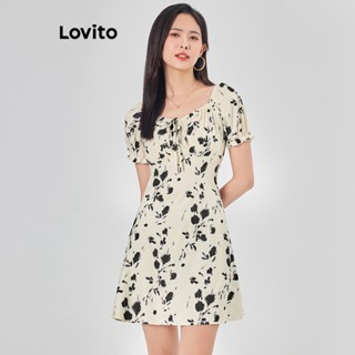 Lovito Casual Vestido Feminino Floral Franzido com Laço Frontal L68ED344 (Multicor)