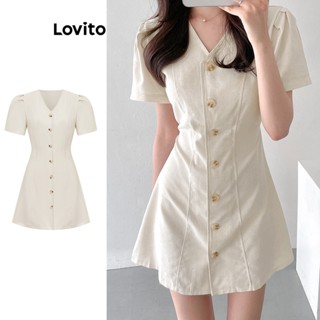 Lovito Casual Vestido Feminino Liso Alinhado com Botão Frontal L74ED295
