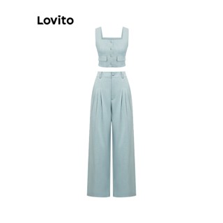 Lovito Conjunto de Calça com Botão Simples Casual para Mulheres LNE35212 (Azul Claro)