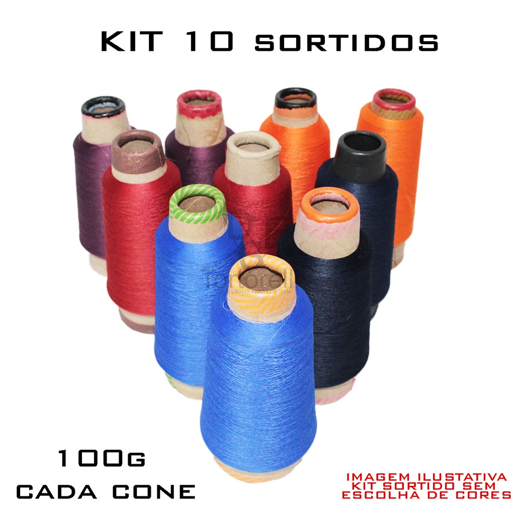 FIO COLORIDO SORTIDO 100 gramas PARA costura em OVERLOCK 100% Poliéster 10cones- total 1kg