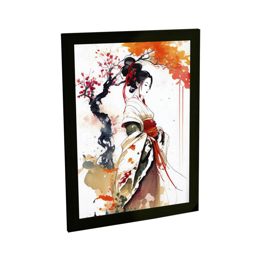 Quadro Decorativo Gueixa Cerejeira Laranja Pintura Anime Japones Decoração Poster