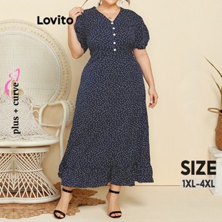 Lovito Vestido Feminino Plus Size Curvo Elegante Com Bolinhas E Babados Na Frente LNL38103 (Azul)