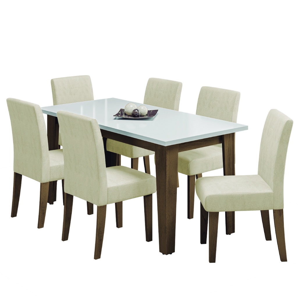Conjunto de Mesa Sala de Jantar Miami com 6 Cadeiras Trieste Suede 1,60m Cedro / Off White / Areia D em Oferta na Shopee
