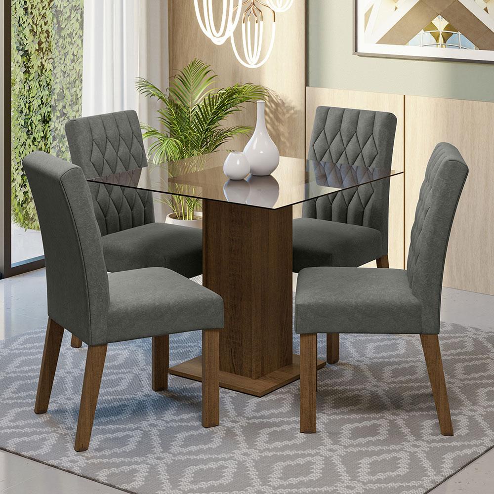 Conjunto Sala de Jantar Mesa Tampo de Vidro 4 Cadeiras Rustic/Silver Noemi Madesa - Home & Living