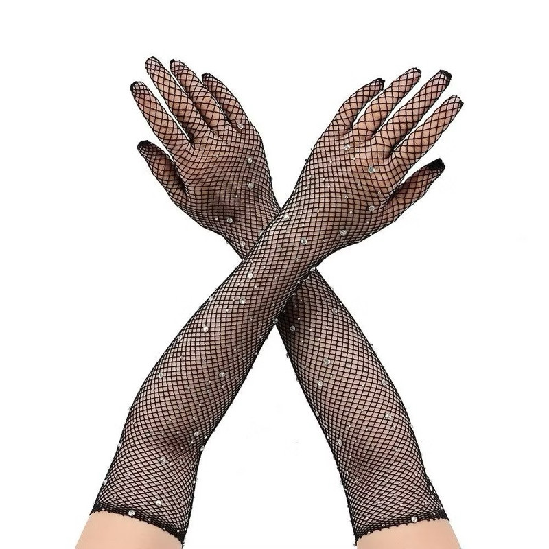 Luva Arrastão Com Glitter Brilho Strass Para Fantasia Punk Rock Luva Gótica Feminina