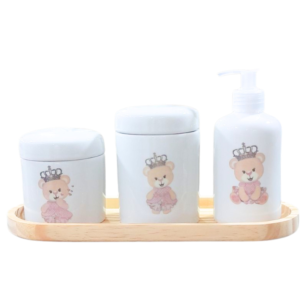 Kit higiene bebê 4 peças Princesa ursinha - Bandeja, potes e porta álcool - Peças porcelana bandeja pinus