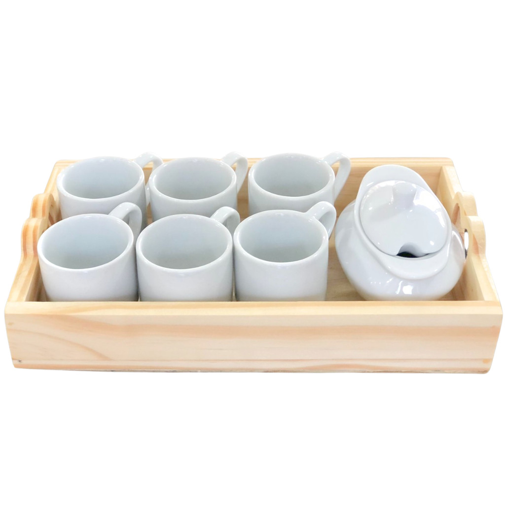Jogo Café Mesa Posta Bandeja + kit 6 xícaras café hotel 80ml empilháveis + Açucareiro barquinha 100ml - Porcelana Branca