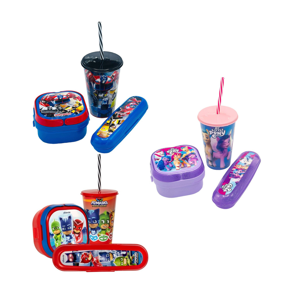 Kit Marmita Infantil 2 Divisórias Copo com Canudo Porta Escova PJ Masks My Little Pony Transformers
