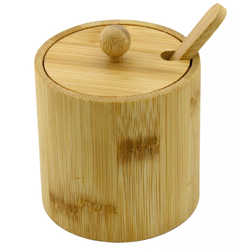 Pote Bambu C/ Tampa E Colher Saleiro Açucareiro Condimentos