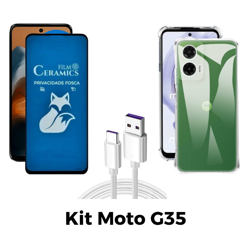Kit Capa Transparente + Película Fosca Privacidade + Cabo USB Tipo C para Motoro