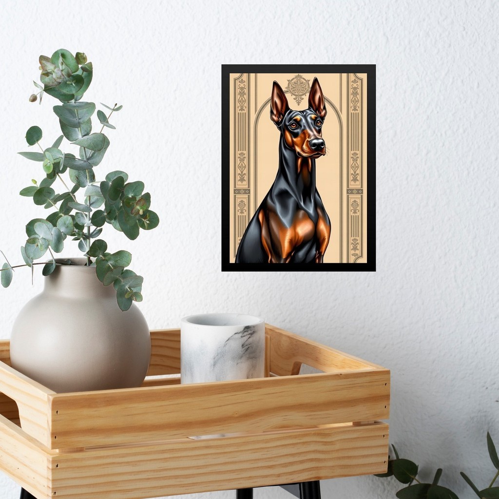 Quadro Decorativo Dobermann - Art Nouveau - Moldura Preta
