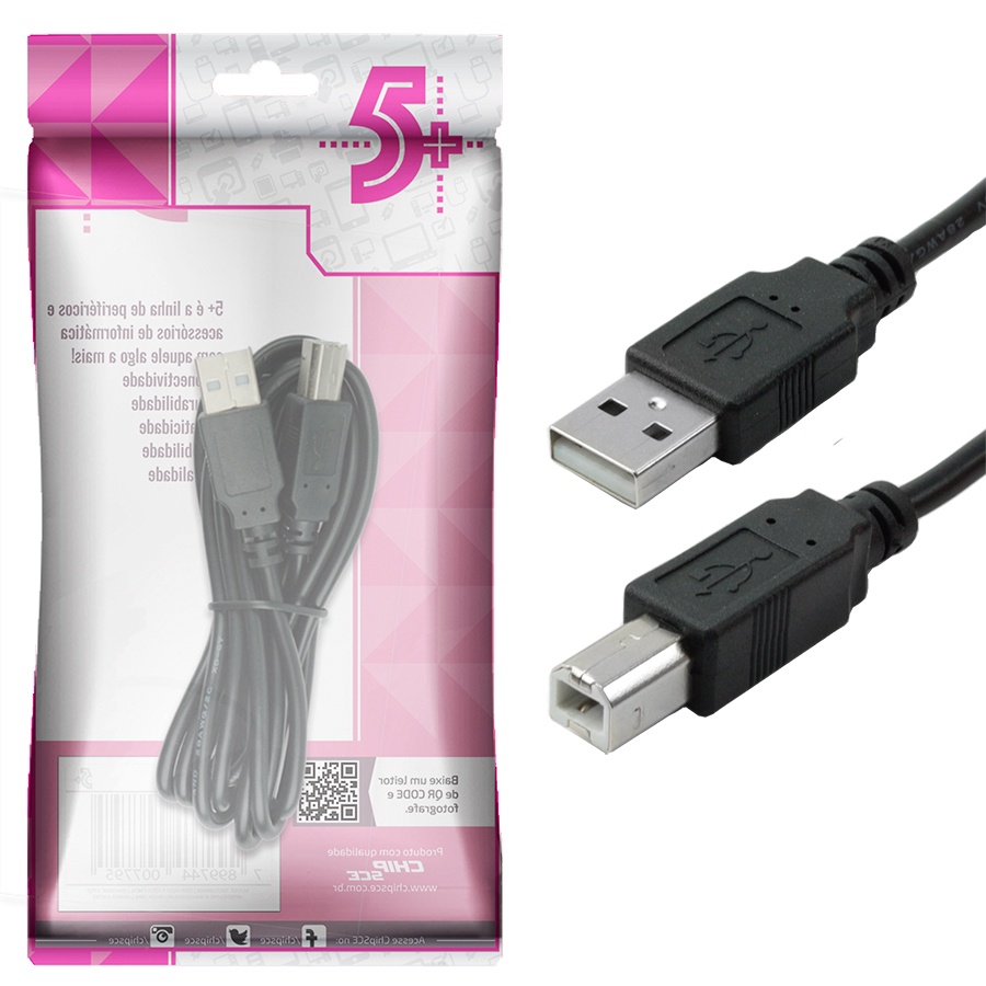 Cabo De Impressora - Usb A para Usb B Preto 2 Metros 5+