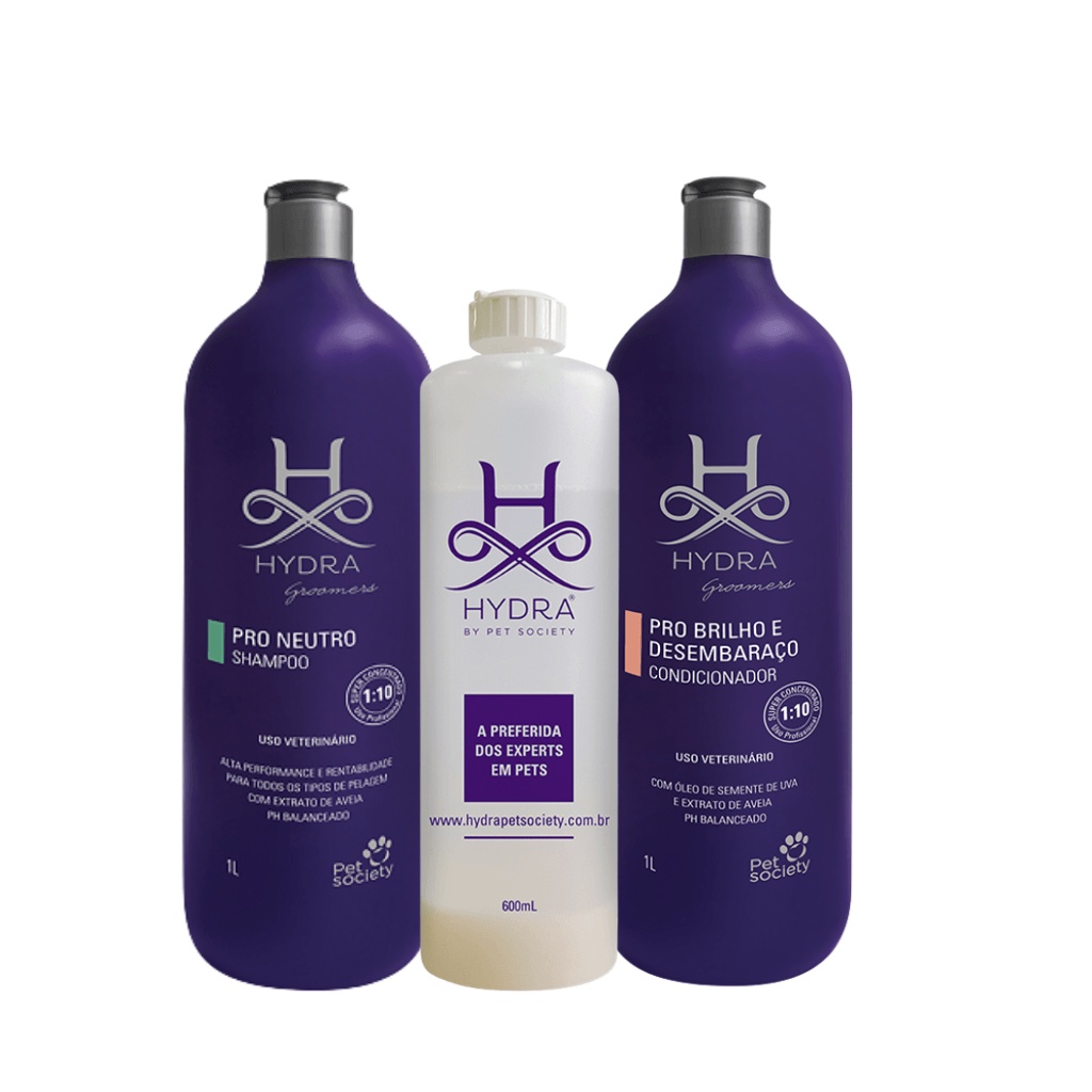 Kit Hydra Groomers Shampoo Neutro, Condicionador 1L e Frasco Diluidor 600mL Pet Cachorro Gato