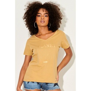 Camiseta Feminina Strass Gola v Planet Girls Bege Médio