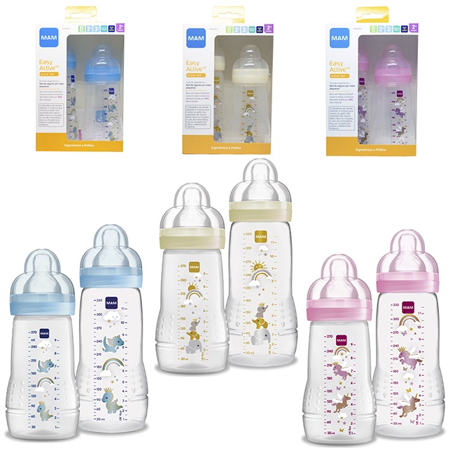 Kit 2 Mamadeiras Mam Easy Active 270ml (Bico 2 Fluxo Médio) e 330ml (Bico 3 Fluxo Rápido) - Mam