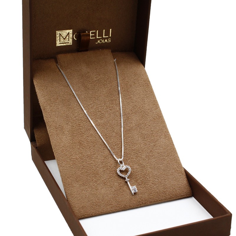 Corrente de prata 925 Veneziana 50cm + Chave Cravejada em Oferta na Shopee