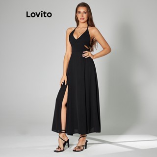 Lovito Vestido Elegante Lisa com Recorte nas Costas para Mulheres LBL05194 (Preto)