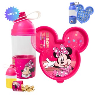 Kit Garrafa Garrafinha Tampa Rosca Compartimento Pote Lanche Lancheira Minnie Mickey #dsb