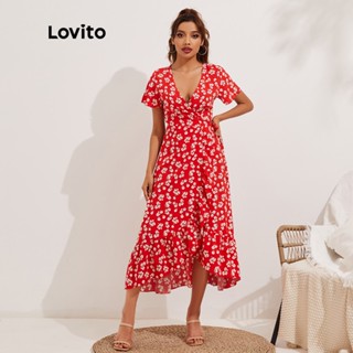 Lovito Boho Vestido Dividido Ditsy Floral Bainha com Babado L13X017 (Vermelho)