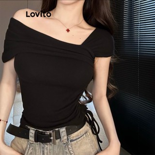 Lovito Casual Camiseta Feminina Lisa Assimétrica Franzida com Cordão LNE30028 (Café/Branco/Preto)