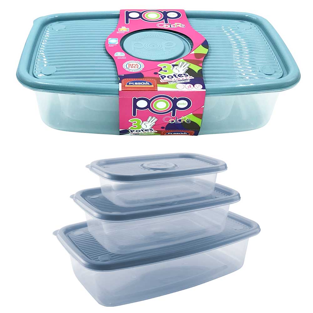 Jogo Com 3 Potes Plástico Azul Para Mantimentos Alimentos Frutas Comida Geladeira Freezer Microondas Marmita Vasilha