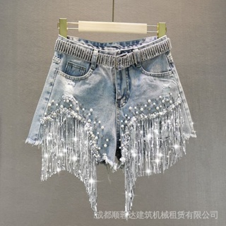 2023 mulheres jeans shorts nova cintura alta lantejoulas calça lágrima calça quente pernas largas em Oferta na Shopee