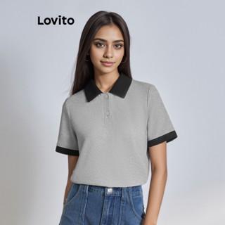 Lovito Casual Lisa Camiseta Feminina Colorblock com Botão e Manga Curta L64AD019 (Cinza)