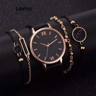 Lovito Casual Relógio Feminino Conjunto Liso Redondo Quartz L66AD052 (Preto)
