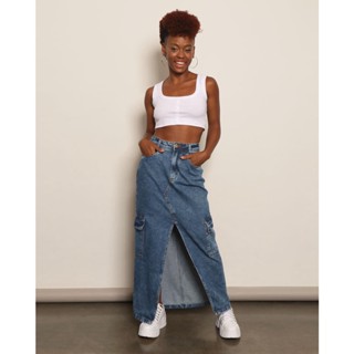 Saia Jeans Feminina Marmorizada Midi Bolso Cargo Azul