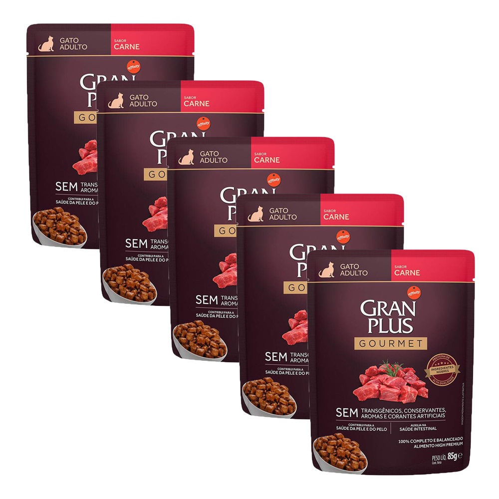 KIT 5 Ração Úmida Gran Plus Gourmet Gatos Adultos Carne Sachê 85g em Oferta na Shopee