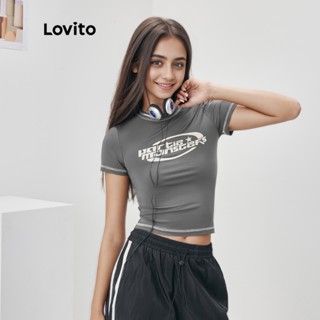 Lovito Casual Camiseta Feminina Básica de Texto Anos 2000 L52AD027 (Cinza)