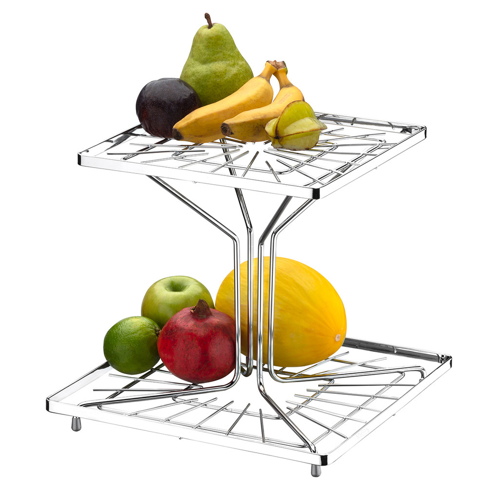 Fruteira Dupla Quadrada Cromada Porta Frutas Verduras 2 Andares Organizador Decorativo De Cozinha Bancada