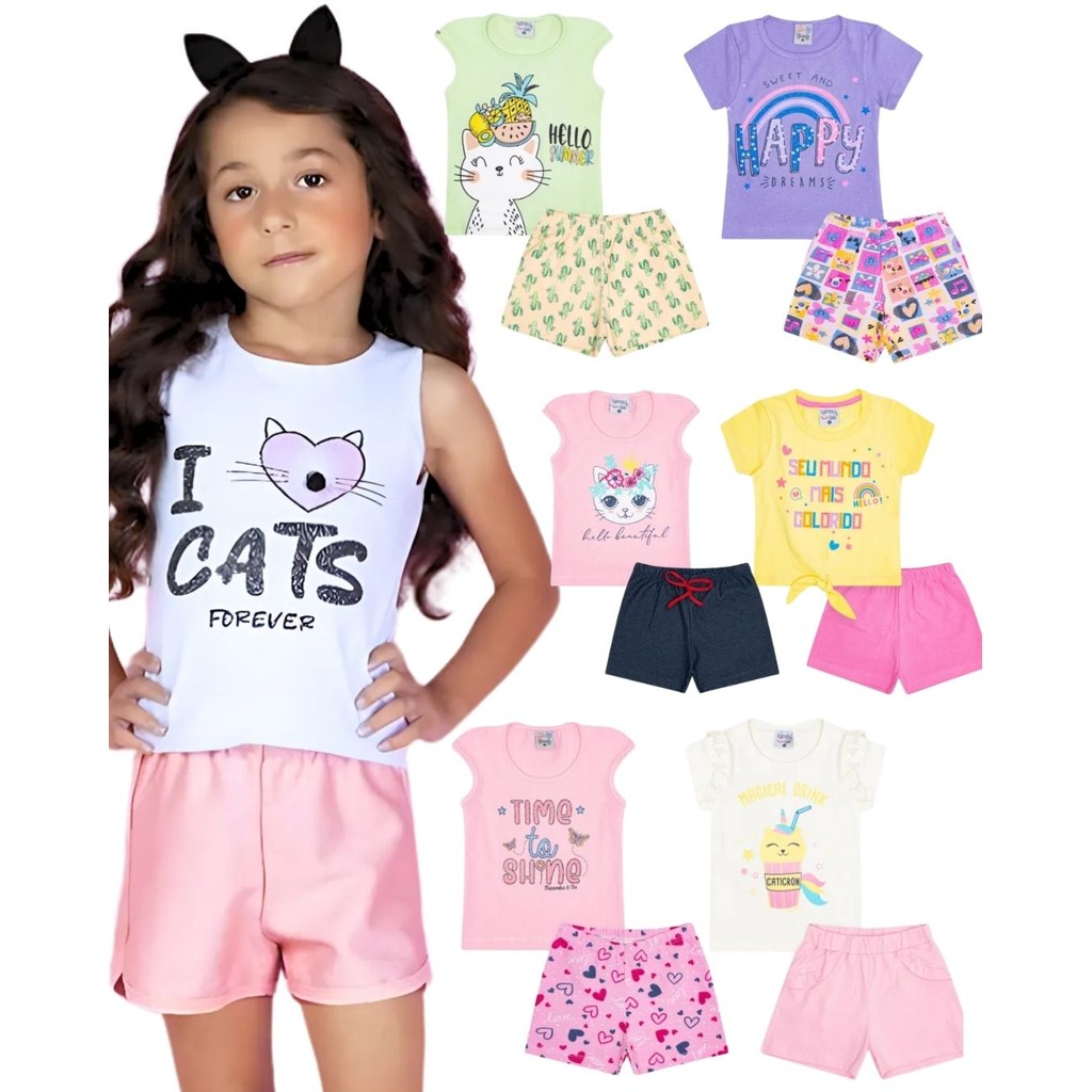 Kit 4 Peças de Roupa Infantil Conjunto Infantil Menina = 2 Conjuntos Verão Premiun Alta Qualidade
