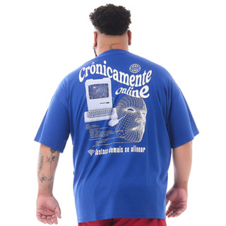 Camiseta Oversized  Cronicamente On Line Azul Royal Collab Knulu + Noi em Oferta na Shopee