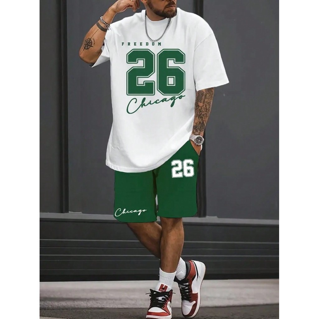 Kit Camiseta Branca + Bermuda de Moletom Modelo "Chicago 26 Freedom Escrito em Verde" Estilo Tumblr  2025