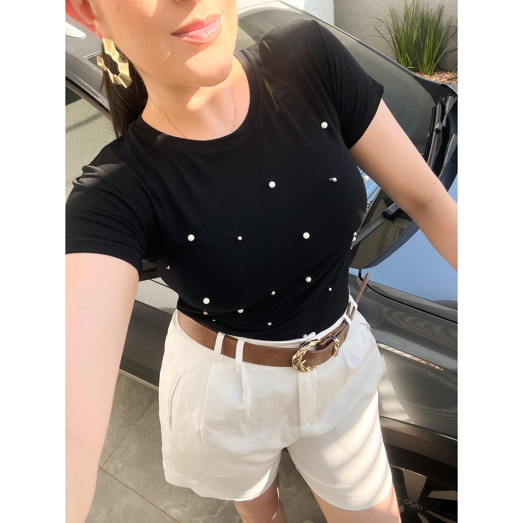Blusa tshirt perola blusinha feminia t-shirt  blogueira moda Viscolaycra básica elastano tendencia em Oferta na Shopee