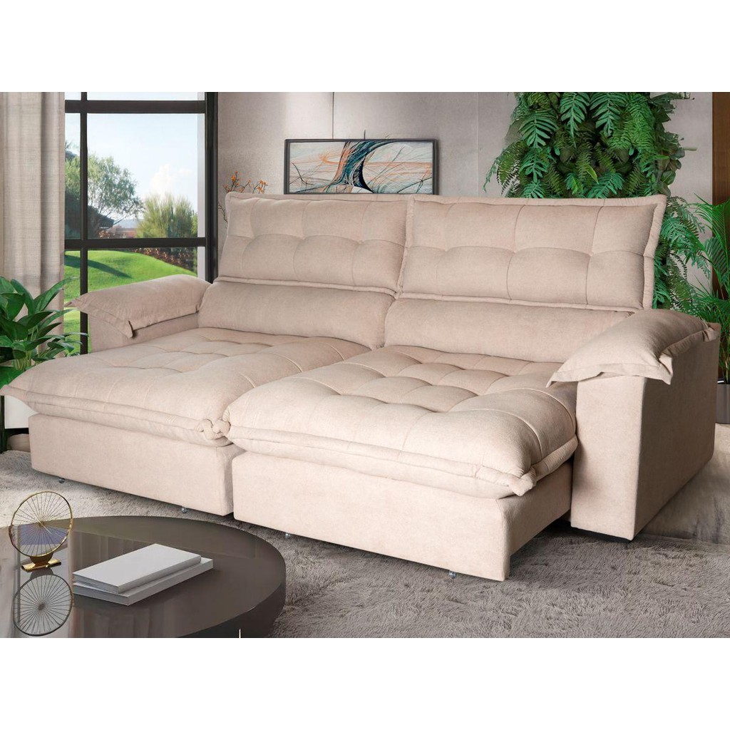 Sofá Retrátil Reclinável Aconchego 2,30m Bouclê Bege em Oferta na Shopee