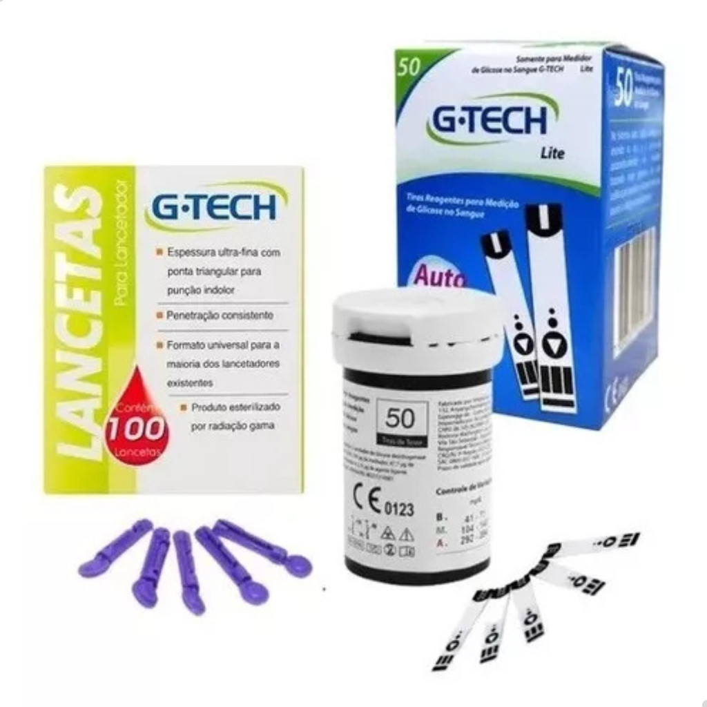Kit Tiras Reagentes Medição de Insulina 50 Unidades + Lanceta 100 Unidades - G-Tech - Lite