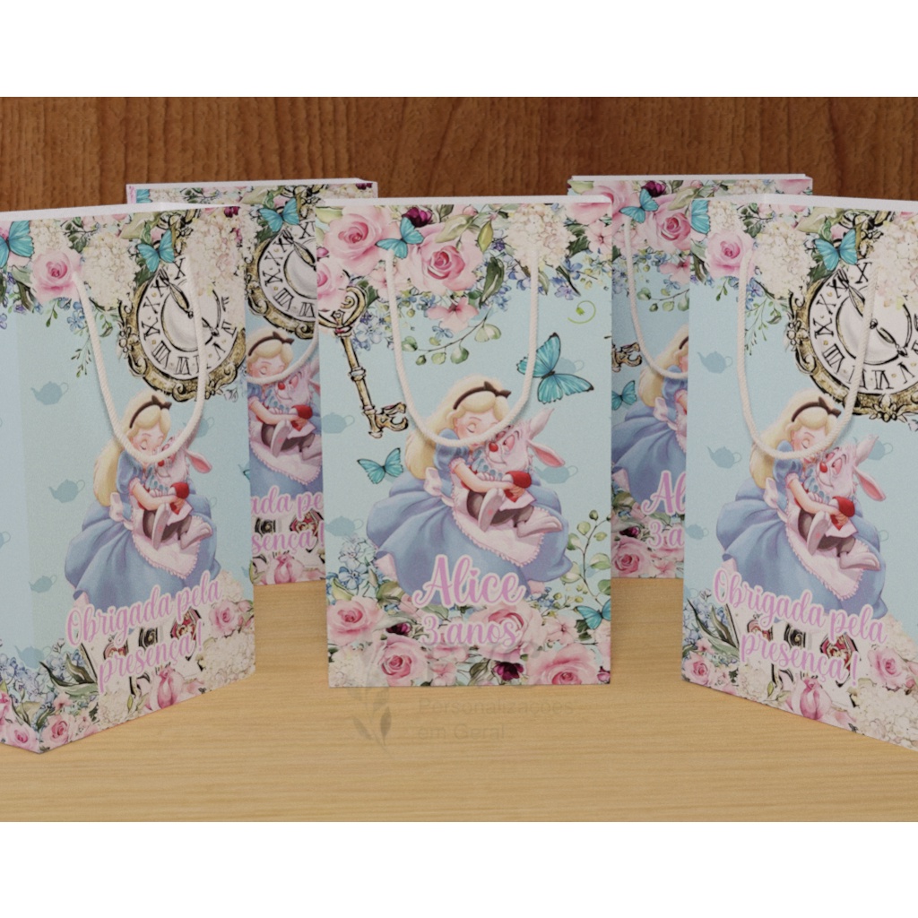 Kit Sacolinha Surpresa Personalizada Alice no país das maravilhas - 17x10x4cm - Papel Offset Fosco 180g