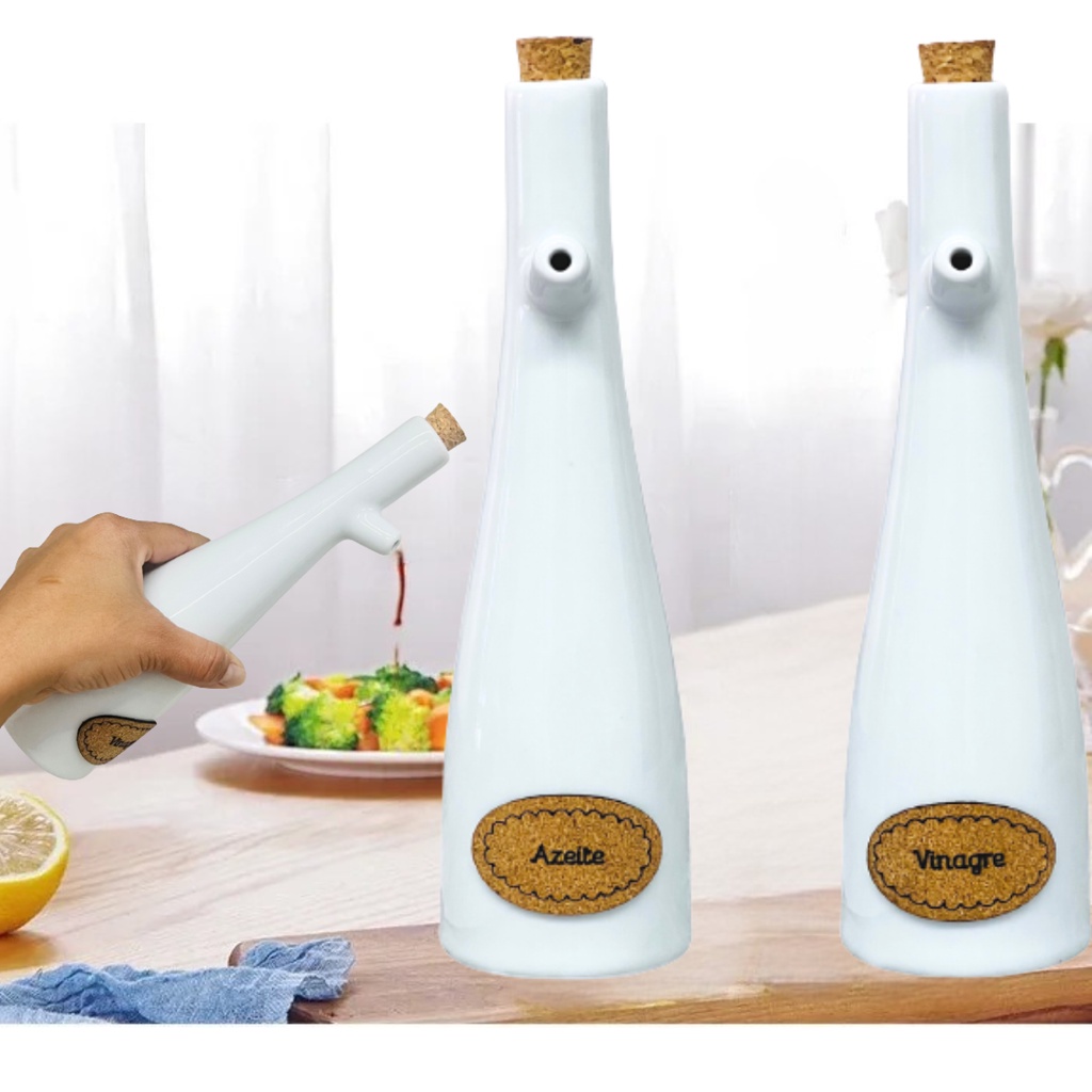 Kit Galheteiro Porcelana Branco 2 Peças Garrafa Azeite e Vinagre com Bico Dosador Mesa Posta Premium